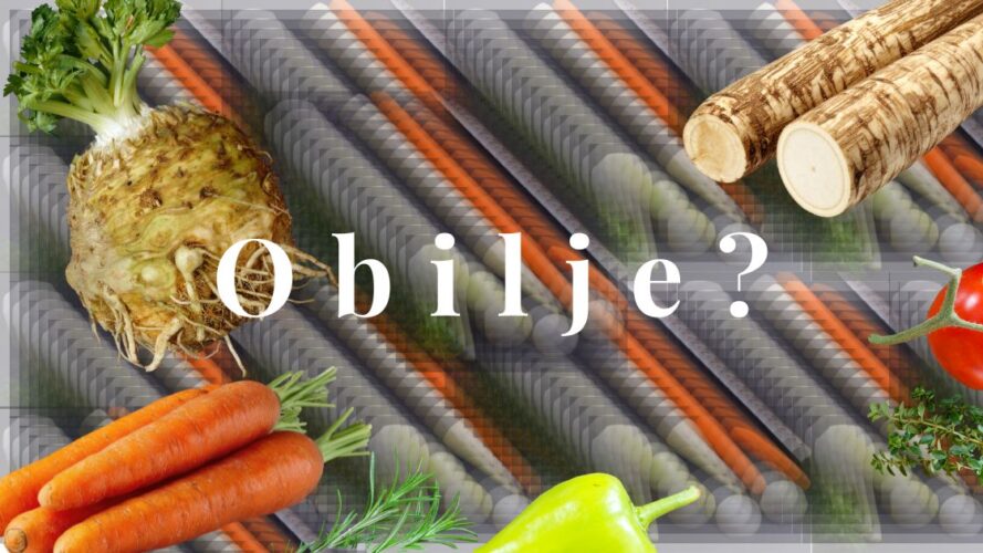 Kolaž korenaste zelenjave z napisom »Obilje?«