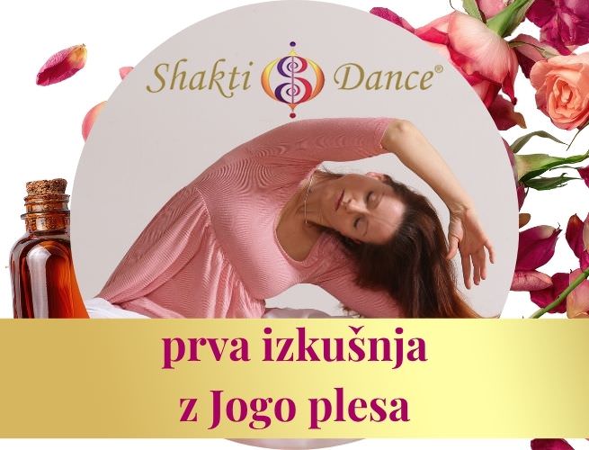 Shakti Dance – prva izkušnja z Jogo plesa; ženska v nežnem bočnem raztegu v krožnem izrezu, obdana s cvetjem in stekleničko eteričnega olja.
