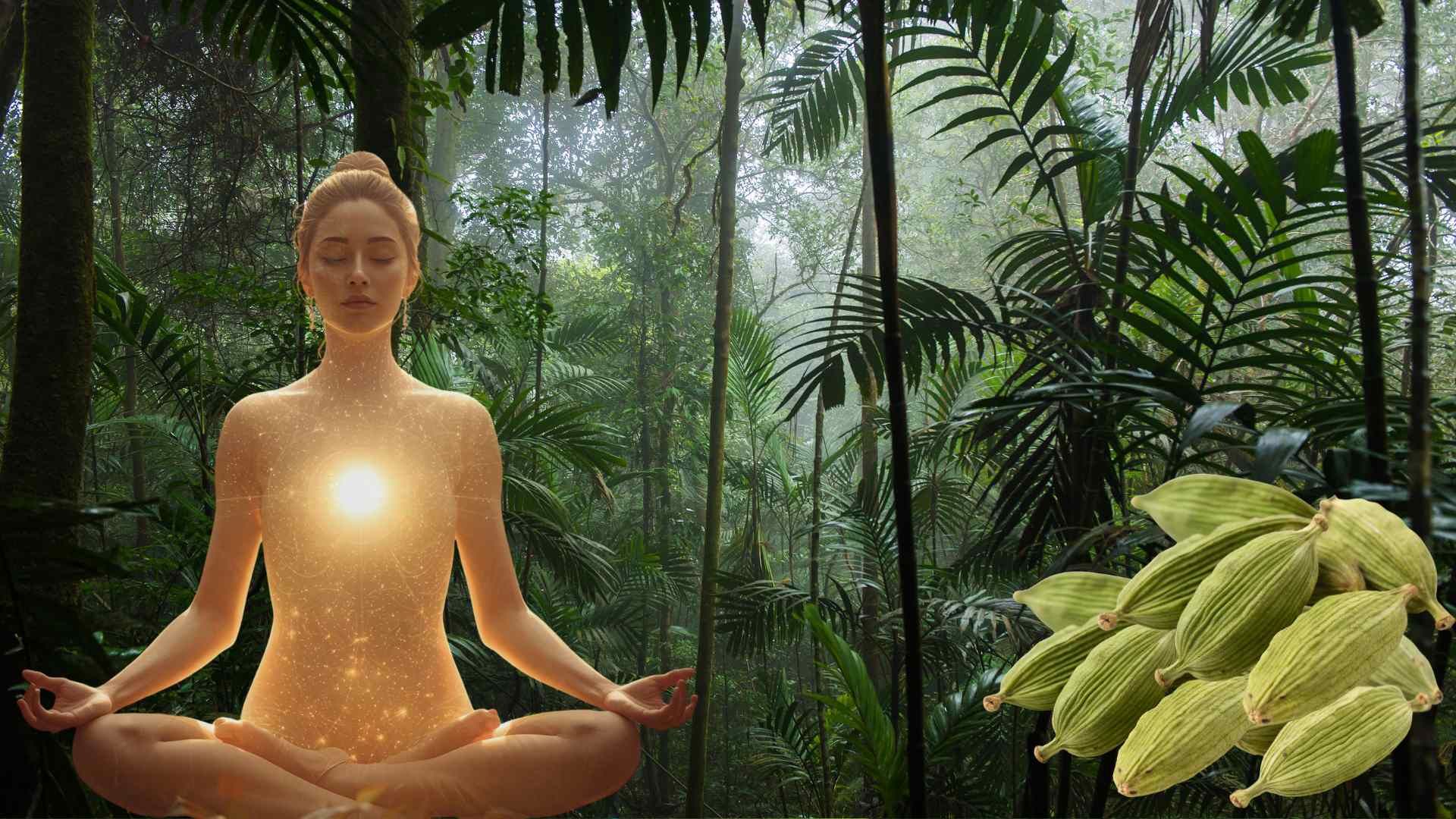Ženska meditira v tropskem gozdu z zlato svetlobo v prsih, ob njej so stroki kardamoma.